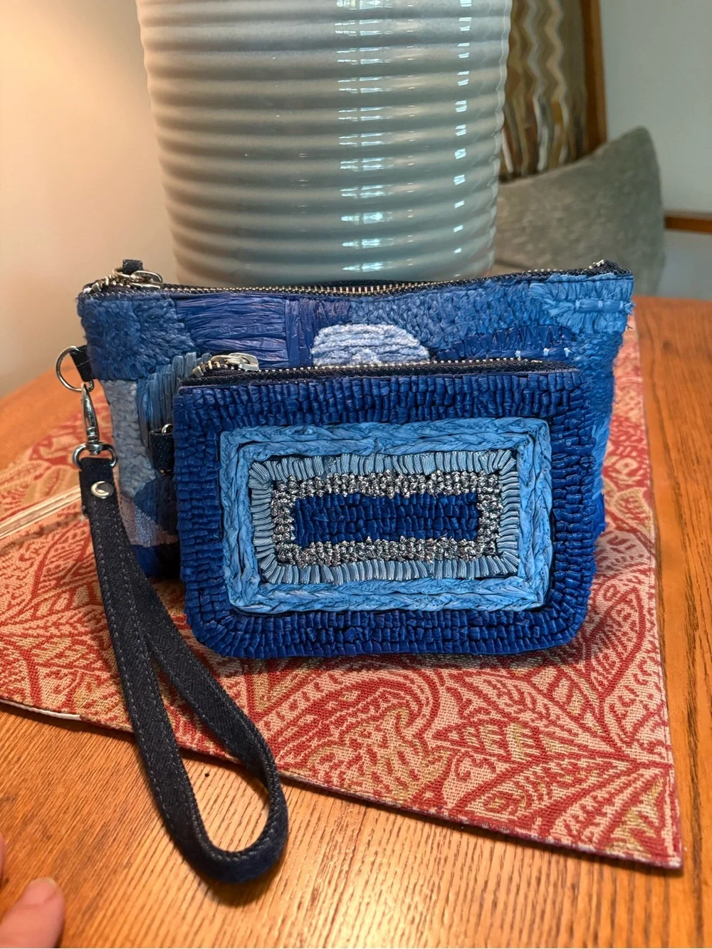 Chico's Patchwork Blue Woven Wristlet with Card Case
